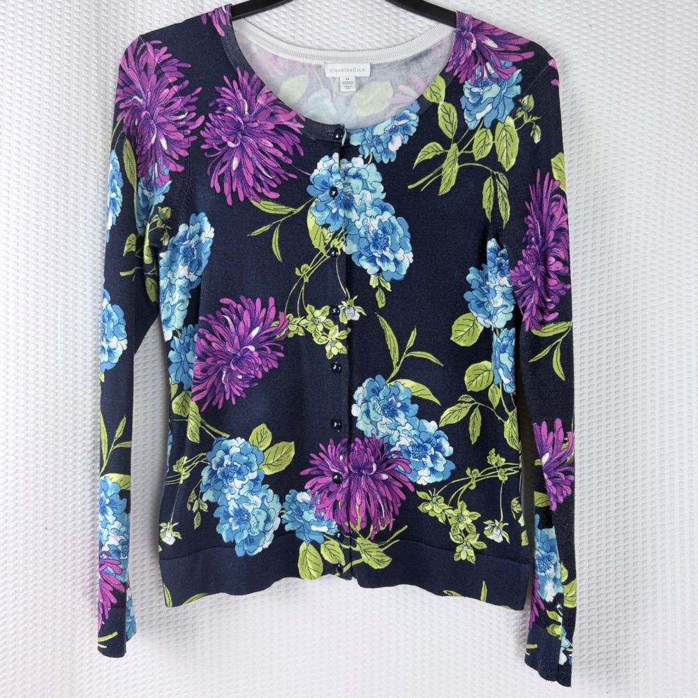Charter Club Floral Cardigan Women M‎ Navy Button Sweater Workwear Church Garden